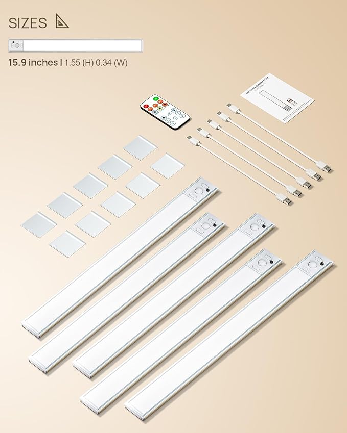 Under Cabinet Lights,80 LED Motion Sensor Light Indoor,4000mAh USB Rechargeable Closet Lights with Remote Control,3 Color Temps Wireless Under Counter Lights for Bedroom,Kitchen,Stairs,5 Pack