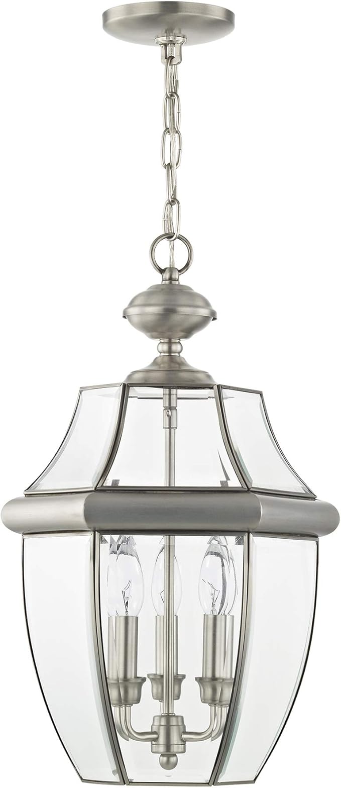 Livex Lighting 2355-91 Monterey 3 Light Outdoor Brushed Nickel Finish Solid Brass Hanging Lantern with Clear Beveled Glass
