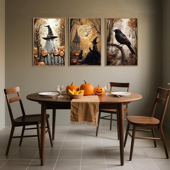 ANHUIB Large Halloween Wall Art Spooky Ghost Witch Wall Decor Black Cat with Crow Painting 16x24 Inch Set of 3 for Living Room Bedroom