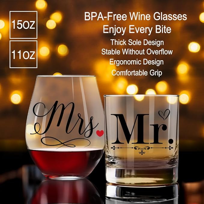 Perfectinsoy Mr Whiskey Glasses and Mrs Wine Glasses Gift Set, Funny Anniversary Wine Glass Gifts for Couples, Wedding Anniversary Birthday Gifts for Wife Husband Dad Mom Couple SoulMate