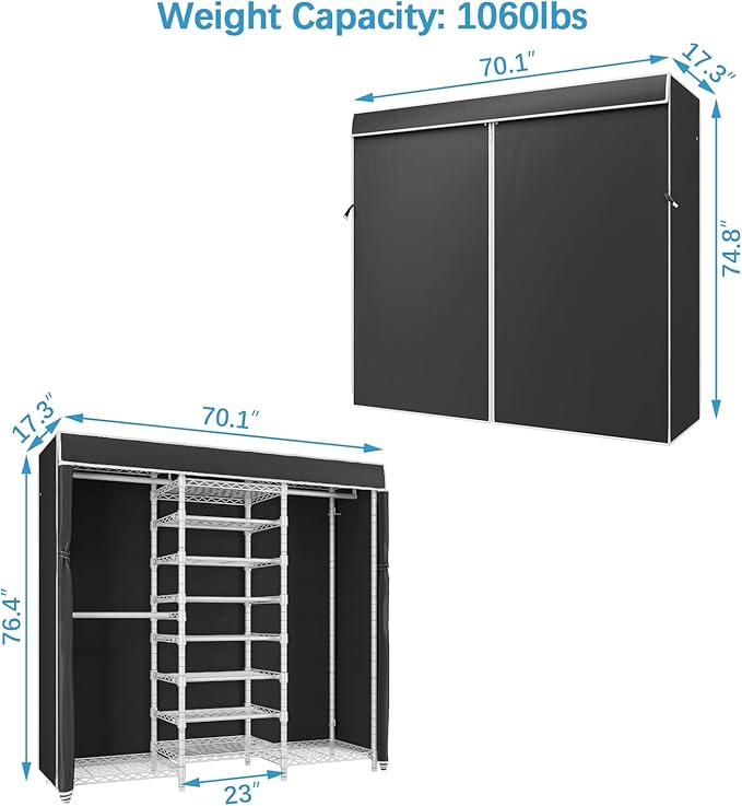 VIPEK S3C Heavy Duty Portable Closet, Adjustable Shoe Rack Wire Shelf, Large Wardrobe Organizer for Bedroom Storage, Freestanding Clothes Rack, Custom White Rack with Black Cover