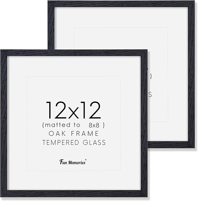 Black 12x12 Picture Frame Set of 2, High-End Oak Wood Frame 12 x 12 for Wall, Square Wooden 12 by 12 Gallery Frames Set, 12x12 Frame Matted to 8x8, Real Glass 12 x 12 Frames