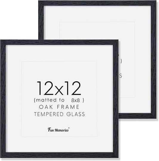 Black 12x12 Picture Frame Set of 2, High-End Oak Wood Frame 12 x 12 for Wall, Square Wooden 12 by 12 Gallery Frames Set, 12x12 Frame Matted to 8x8, Real Glass 12 x 12 Frames