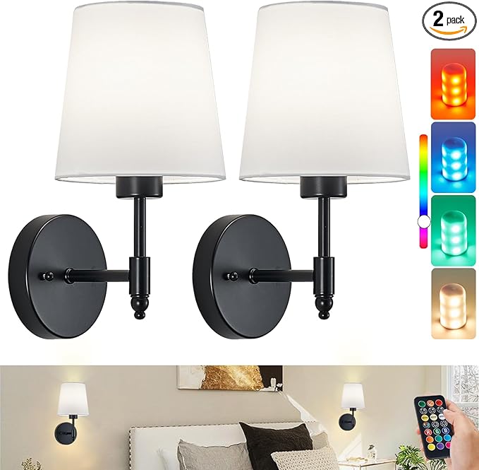 Rechargeable Wall Sconces Set of 2, Black Cordless Battery Operated Sconce with Dimmable LED Bulb and Remote, 13 Colors Wall Lights for Bedroom Living Room Hallway