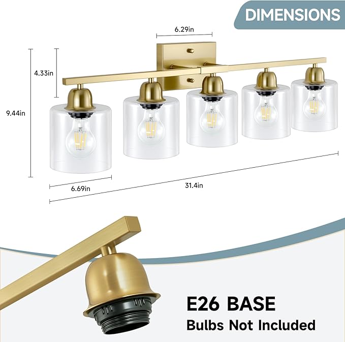 5 Light Brushed Gold Bathroom Light Fixtures, Gold Bathroom Light with Clear Glass, 30 inch Wall Sconce for Mirror Living Room Bedroom Hallway E26 Base