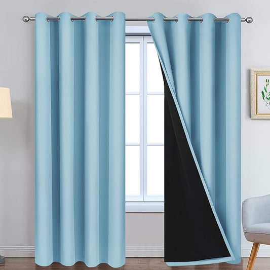Yakamok 100% Blackout Curtains Energy Saving Thermal Insulated 2 Thick Layers Completely Blackout Drapes with Black Liner for Bedroom (52Wx96L,Sky Blue, Set of 2)
