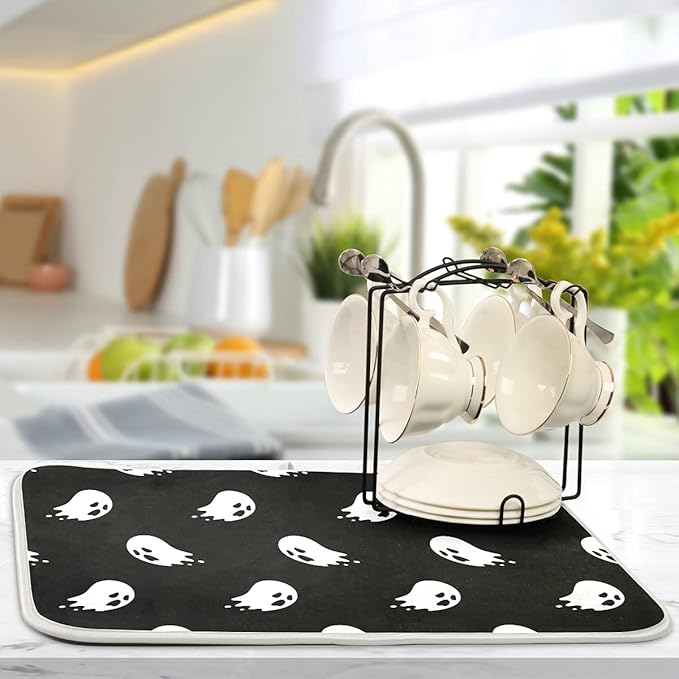 Halloween Spooky Ghost Dish Drying Mat for Kitchen Counter 16 x 18 Inch Absorbent Microfiber Dry Dishes Mats Drainer Mat Dish Drying Pad for Countertops Decor