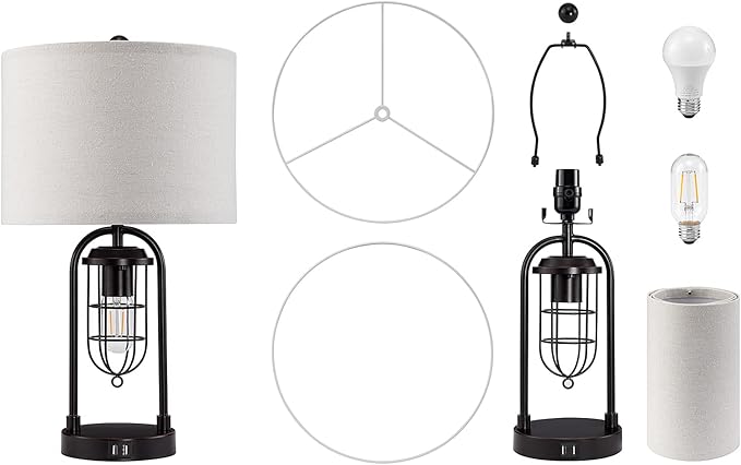 Kyrid 21'' Table Lamps Set of 2 with Night Light and USB Port Industrial Modern Nightstand Lamp Set (Bulbs Included)