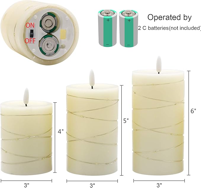 Eldnacele Flameless Candles Battery Operated with Remote and Timer, 3D Wick Flickering Embedded String Lights Real Wax LED Pillar Candles Christmas Holiday Dinner Decor Set of 3 (D3”x H4” 5” 6”)