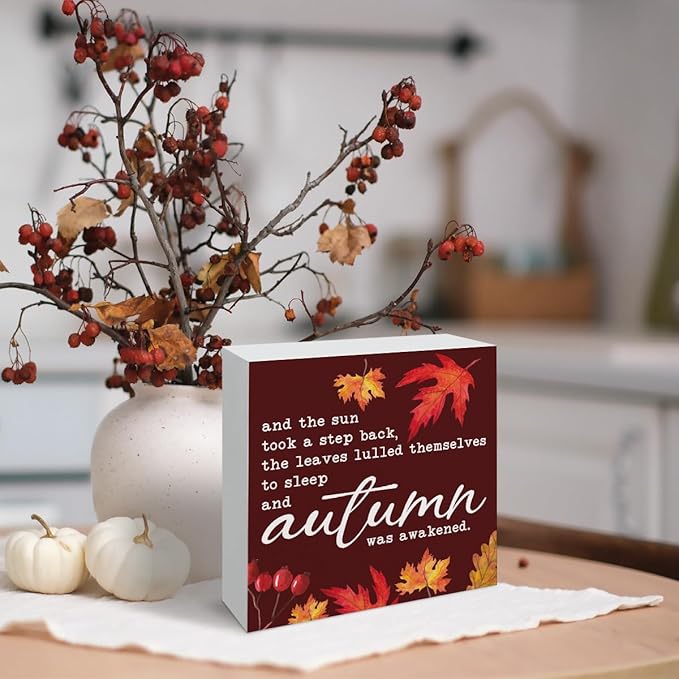 Maple Leaves Decors, Autumn Artwork for Home Shelves Decor, Office Decoration, Thanksgiving Wooden Box Signs, Maple Leaves Decor, Autumn was Awakened Wood Signs A18