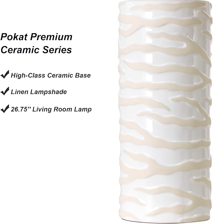 PoKat 26.75" Ceramic Table Lamp, Modern White Lamp for Living Room, Bedroom, Night Stands, Farmhouse Bedside Nightstand End Table Lamp