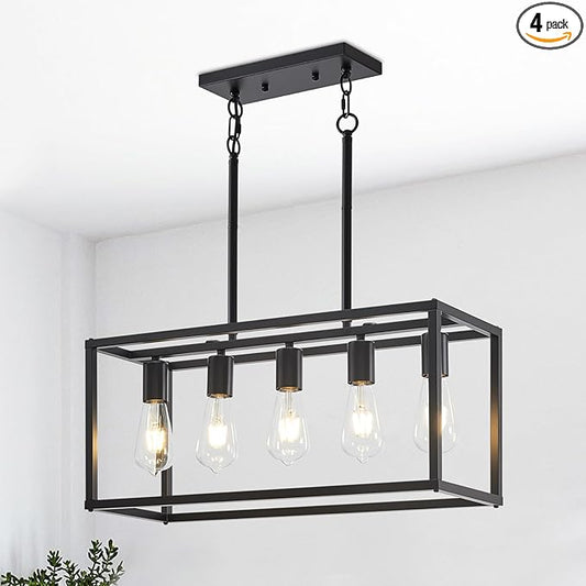 5-Light Kitchen Light Fixtures Black Farmhouse Chandelier Rectangular Dining Room Light Fixture Linear Pendant Lighting Hanging Lights for Kitchen Island Living Room Adjustable Height E26