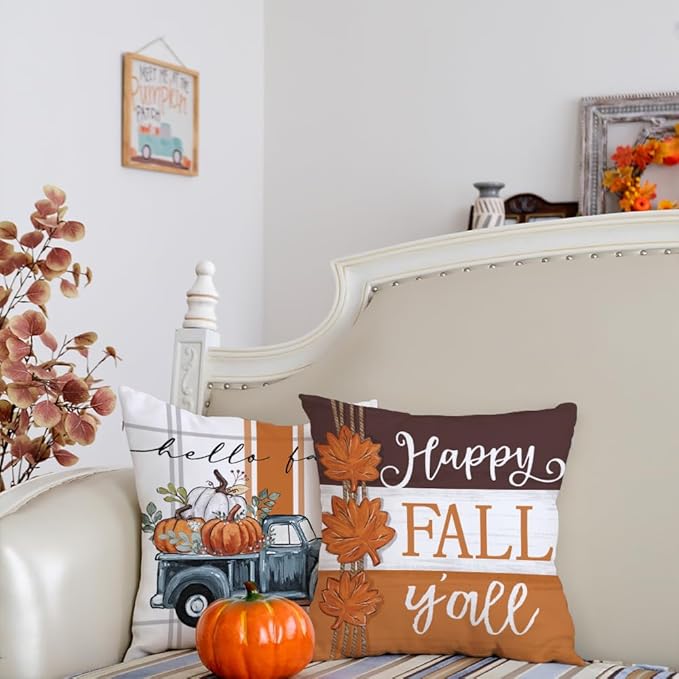 GEEORY Fall Pillow Covers 16 x 16 Inch Set of 4, Happy Fall Y'all Stripes Pumpkins Mason Jar Thankful Decor, Cushion Cases for Farmhouse Home Party Sofa Couch (Brown) G355-16