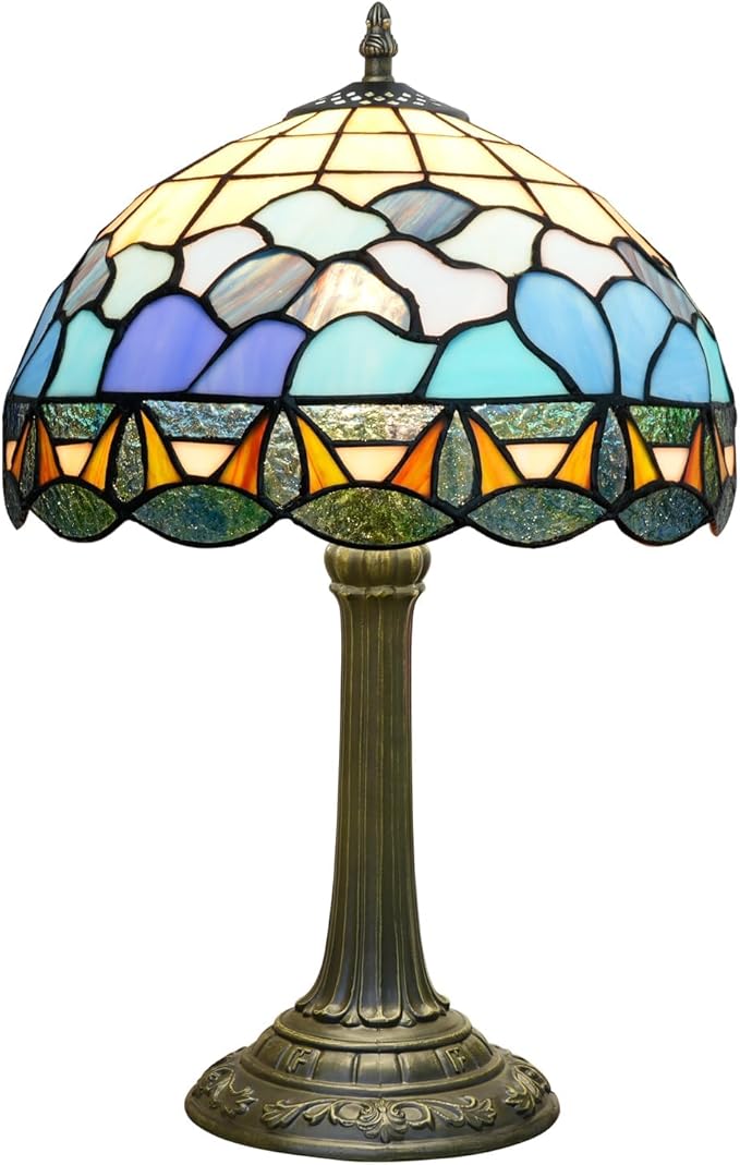 Tiffany Lamp 12 Inch Stained Glass Lamp Blue And White Sea Wave Tiffany Style Vintage Reading Bedside Lamp Can Be Used For Bedroom Dormitory Living Room Warm Atmosphere Retro Home Decoration Gifts