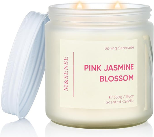 M&SENSE Pink Jasmine Rose Scented Candle - 11.6oz Natural Soy Wax 70-Hour Long Lasting Burn Time, 2-Wick Spring Non-Toxic Candle for Home Decor Flower Scent Gifts for Women Teacher