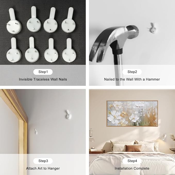 HPNIUB Large Hand-Painted White Flower Framed Wall Art Modern White and Gold Floral Canvas Oil Painting Nature Botanical Wall Decor Abstract Aesthetic Artwork for Living Room Bedroom Decor -20"x40"