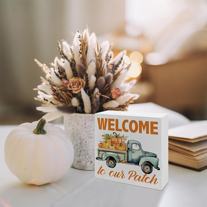 Farmhouse Fall Decors, Front Door Decor for Shelves, Autumn Home Decor, Pumpkin Truck Sign, Autumn Thanksgiving Wooden Decors, Decorative Wooden Table Sign, Welcome to Our Patch Wood Signs A15
