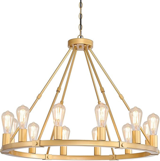 9MMML Gold Wagon Wheel Chandelier, 12-Light Industrial Pendant Light, 31.5'' Farmhouse Ceiling Hanging Chandelier Light Fixture for Living Room, Bedroom, Entryway, Foyer