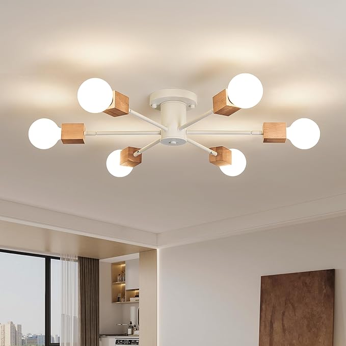 Boho 6-Light Sputnik Chandelier Semi Flush Mount Ceiling Light Fixture Farmhouse Wood and White Ceiling Lamp for Dining Room Living Room Bedroom Kitchen