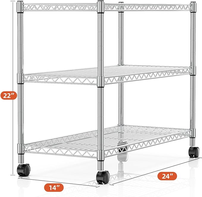 HealSmart 3-Tier Heavy Duty Storage Shelving Unit,Chrome,24.02" D x 13.78" W x 21.97" H inch, 1 Pack