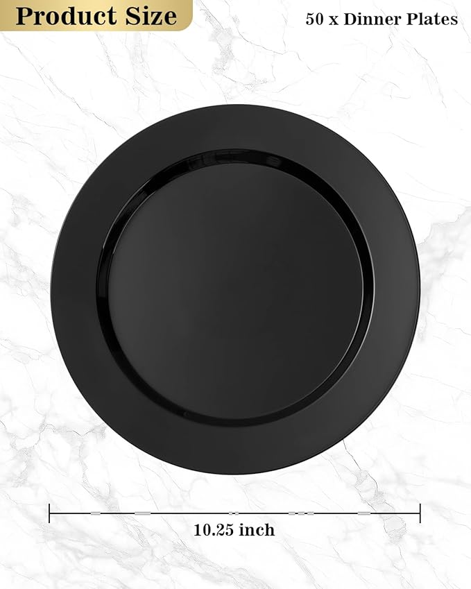 50PCS Black Plastic Plates, 10.25 Inch Disposable Dinner Plate Party, Heavy Duty Disposable Plastic Plates - Ideal for Halloween Parties, Wedding and Birthday, Everyday Meals Use