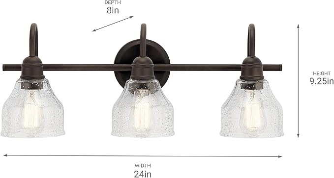 Kichler Avery 24" Vanity Bath Light in Olde Bronze®, Vintage 3-Light Bathroom Wall Mount Fixtured with Clear Seeded Glass, (24" W x 9.25" H), 45973OZ