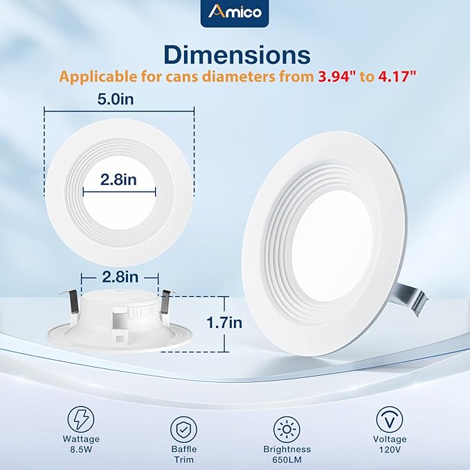 Amico 24 Pack 4 inch 5CCT LED Recessed Lighting, Dimmable, 8.5W=60W, 650LM, 2700K/3000K/4000K/5000K/6000K Selectable, Retrofit Can Lights with Baffle Trim, IC Rated - ETL & FCC, White