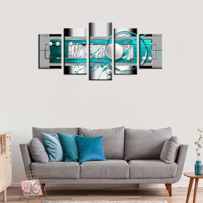 AWLXPHY Decor Large Abstract Wall Art Blue and White for Dinner Room Decor Geometric Canvas Painting Modern Simple Circle Round Line HD Print Artworks Giclee 5 Pieces (Blue, W40 x H20)