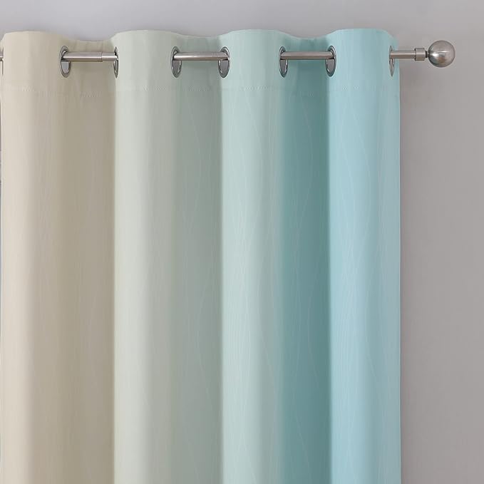 Estelar Textiler Aqua and Beige Blackout Curtains 102 Inch Length 2 Panels Set, Thermal Insulated Ombre Grommet Drapes for Bedroom, Full Room Darkening Gradient Curtains for Living Room,52Wx102L