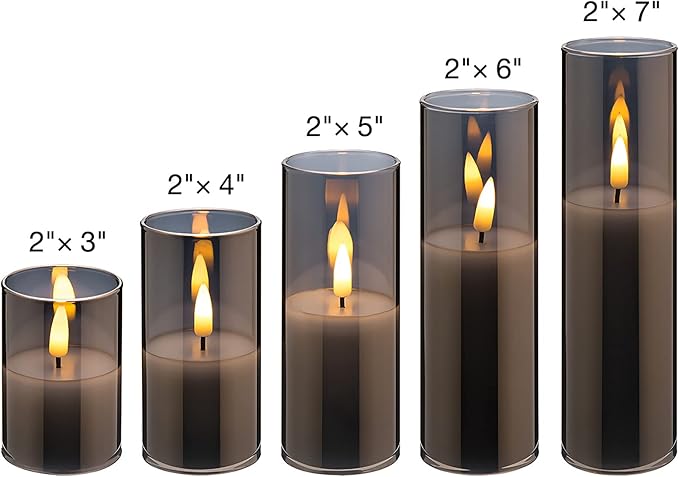 Eywamage 5 Pack Grey Glass Flameless Candles with Remote, Flickering Slim Tall LED Pillar Votive Candles Battery Included