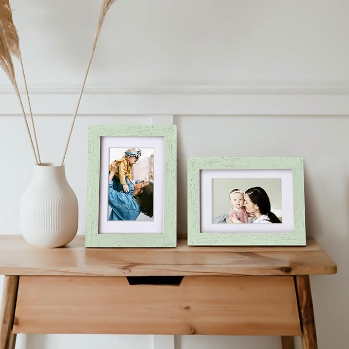 Egofine 4x6 Picture Frames Set of 4, Made of Solid Wood Covered by Plexiglass 3.5x5 with Mat or 4x6 without Mat, for Table Top Display and Wall Mounting Photo Frame Rustic Green