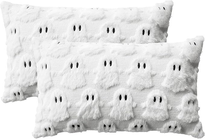 AVOIN colorlife Halloween Ghost White Throw Pillow Cover Set of 2, 12 x 20 Inch Soft Plush Faux Fur Jacquard Spooky Cushion Case Decoration for Sofa Couch