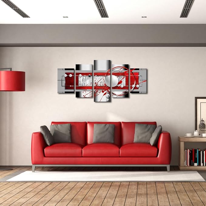 AWLXPHY Decor Abstract Canvas Wall Art Red Black Grey for Living Room Decor 5 Pieces Framed Painting Modern Simple Circle Round Line HD Print Artworks Giclee(White, W60'' x H30'')