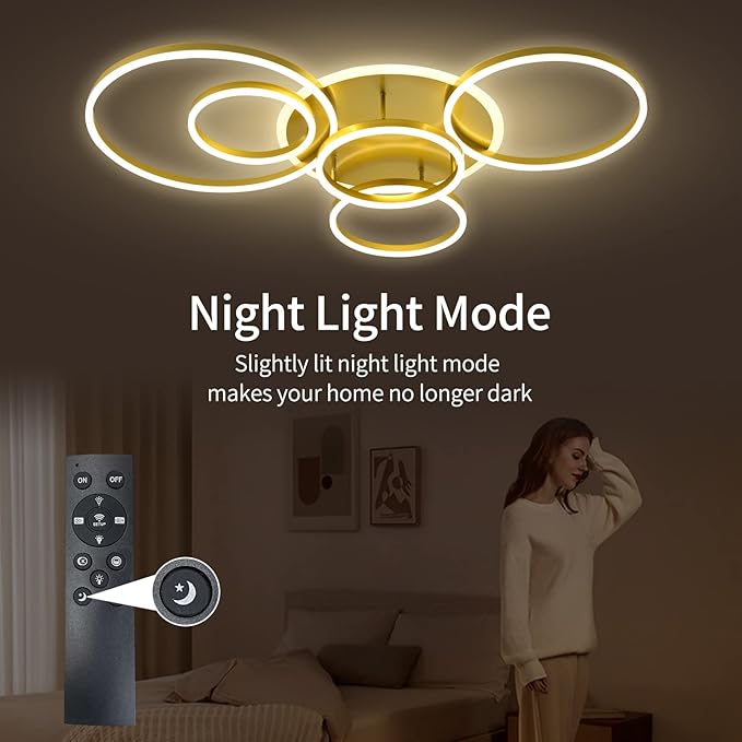 Modern LED Ceiling Light Gold Dimmable 5 Rings Flush Mount Ceiling Light Fixtures with Remote Control 106W 10000LM Ceiling Lighting for Living Room Bedroom Kitchen Dining Room 3000-6000K…