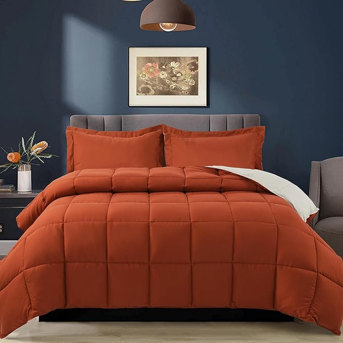 HIG 3pc Burnt Orange Twin/Twin XL Comforter Set - All Season Reversible Down Alternative Comforter with Sham - Quilted Duvet Insert with Corner Tabs - Box Stitched - Breathable, Soft, Fluffy