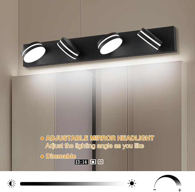 4-Light Bathroom Vanity Light, Matte Black Bathroom Light Fixtures Over Mirror,LED Vanity Lights with 360°Rotating Lamp Head(32in)