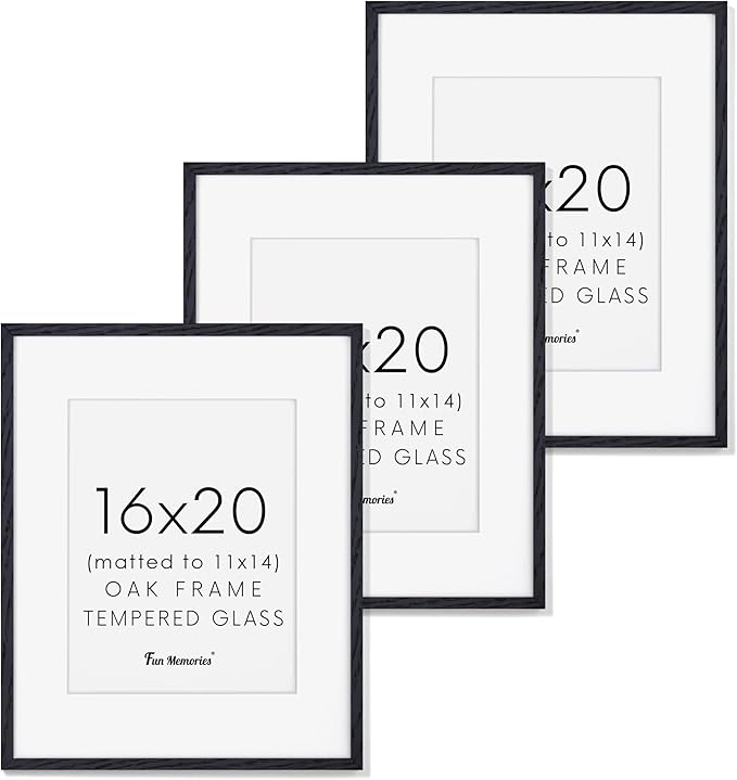 Fun Memories 16x20 Black Oak Wood Picture Frames, Set of 3 with Tempered Glass and Mat for 11x14