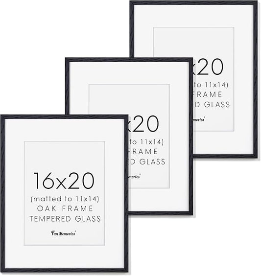 Fun Memories 16x20 Black Oak Wood Picture Frames, Set of 3 with Tempered Glass and Mat for 11x14