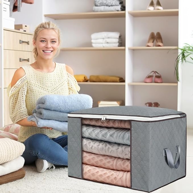 combocube Comforter Storage Bag, Zippered Bag with Large Clear Window and Carry Handles, Space Saver Organizers for Closet, Blanket, Pillow, Quilt, Bedding, Clothes (2Pcs Grey Large)