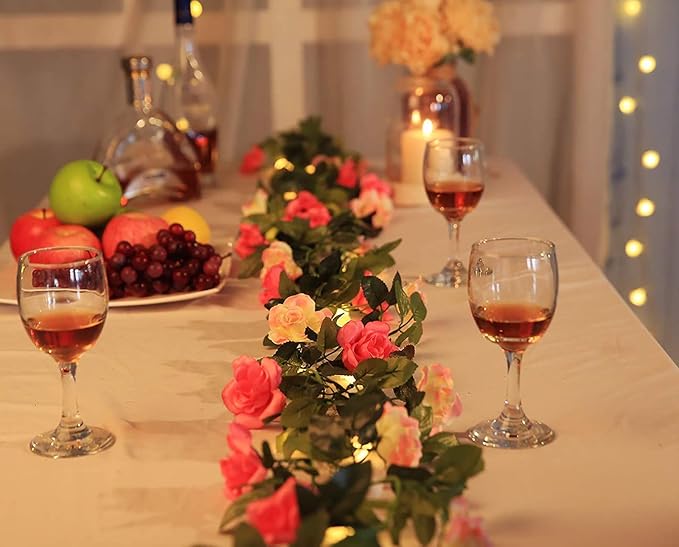 JUSTOYOU Artificial Rose Garland Vines Pink Flowers Hanging Silk Rose Vine for Wedding Home Office Arch Arrangement Decoration 7.6FT(2PCS)