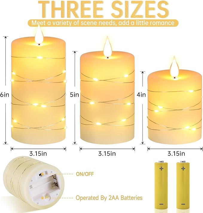 Da by Flameless Candles with String Lights，Battery Operated Candles,LED Flickering Candles with Remote Control and Timer, Real Wax, 3 Pack-Ivory