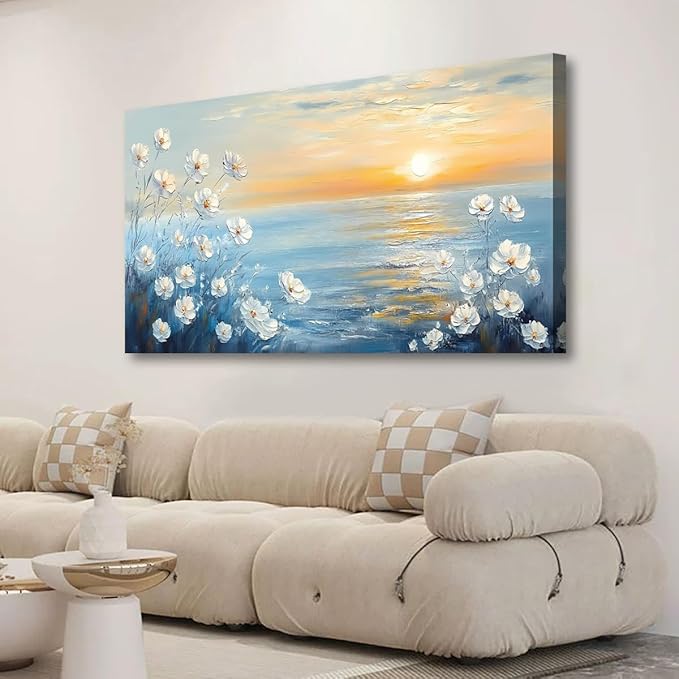 Seascape Pictures Canvas Wall Art for Living room Office Bedroom Wall Decor, Natural Landscape Wall Art Print Modern Noble White Flower Oil Painting Artwork Waterproof Ready to Hang-20x40inch