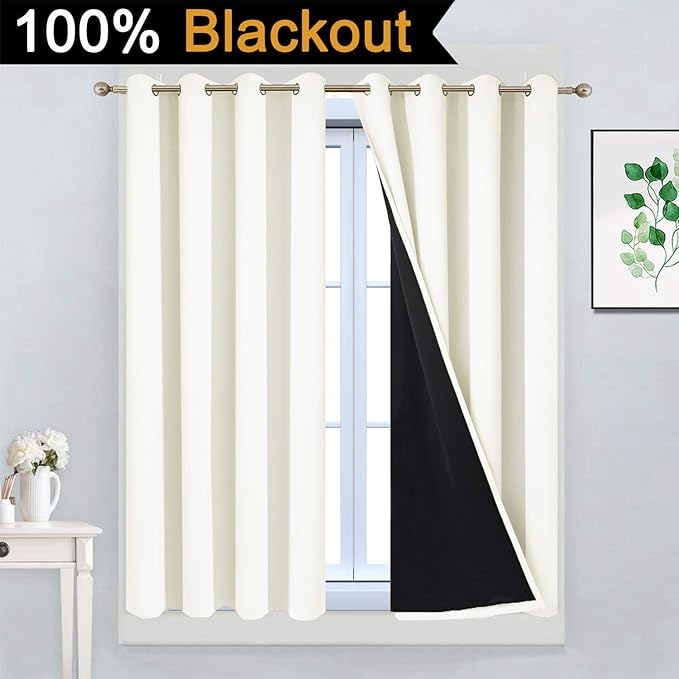 Yakamok 100% Blackout Curtains with Black Liners, Thermal Insulated, Noise Reduction, Soundproof, 2 Panels, 52"W x 63"L, Beige