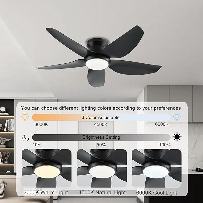 Ceiling Fans with Lights, 43 Inch Low Profile Ceiling Fan with Light and Remote/App Control, Flush Mount, Reversible DC Motor, 3CCT, Dimmable, Noiseless, Black Ceiling Fan for Indoor/Outdoor Use