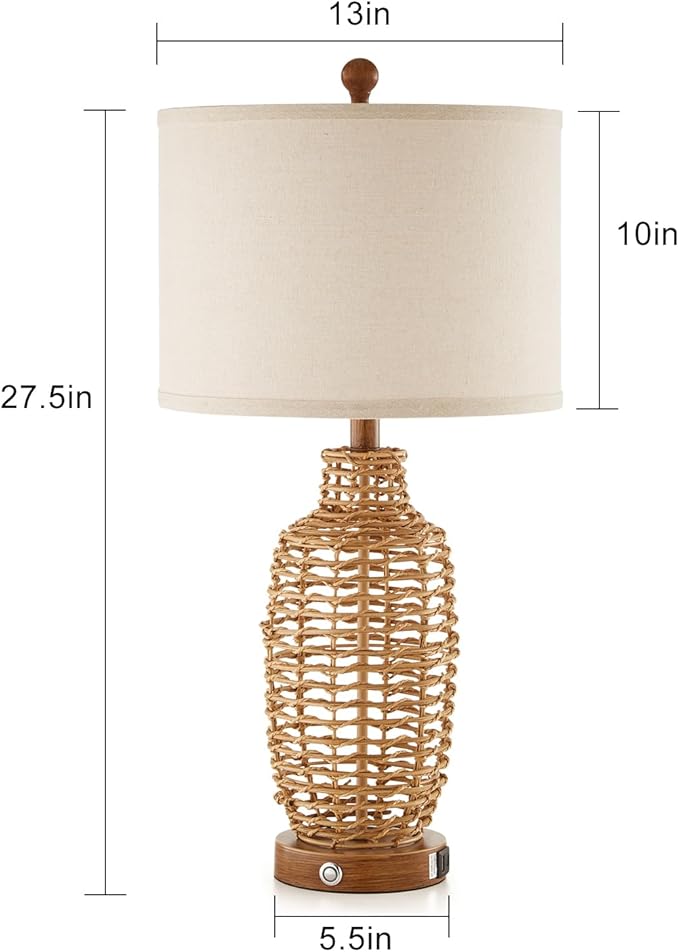 Rattan Table Lamps Set of 2 Wicker Lamps 3 Way Dimmable Touch Control Farmhouse Rustic Coastal Lamps with USB Port for Bedroom Living Room Office (LED Bulbs Included)