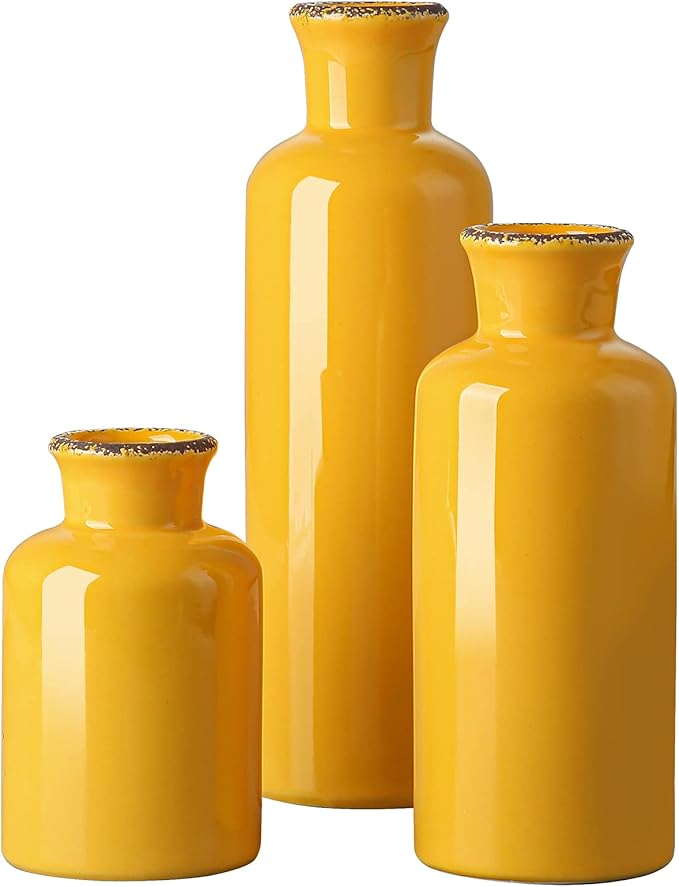 CwlwGO- Yellow Ceramic Vase Set,Modern Decorative Vases for Home Decor, Kitchen&Living Room Table Décor,Fireplace & Entrance centerpieces Decorations.