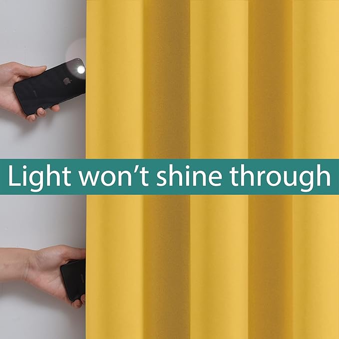 Yakamok 100% Blackout Curtains Energy Saving Thermal Insulated 2 Thick Layers Completely Blackout Drapes with Black Liner for Bedroom (52Wx84L,Mustard Yellow, Set of 2)