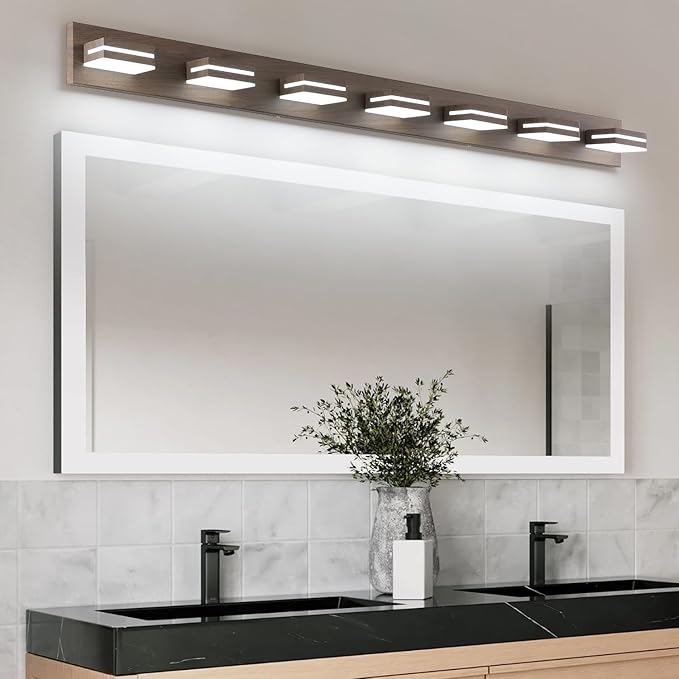 SineRise LED Modern Bathroom Vanity Light Fixtures (7-Light, 55-Inch), Brown Wood Painted Modern Acrylic Bathroom Wall Lighting Fixtures Over Mirror (Cool White 6000K)