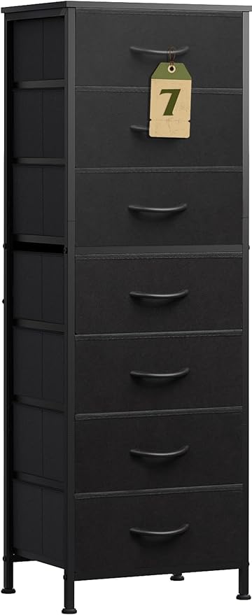 WLIVE Black Tall Dresser for Bedroom, 7 Drawer Dressers & Chests of Drawers, Fabric Dresser for Closet, Living Room, Night Stand with Metal Frame, Storage Tower with Fabric Bins, Wood Top