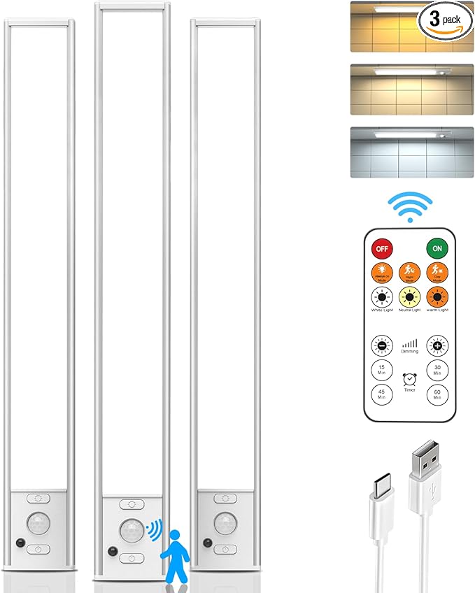 Under Cabinet Lights Wireless,12" Motion Sensor Light Indoor with Remote Control,2500mAh LED Rechargeable Battery Operated Closet Light,3 Color Temps,Under Counter Lights for Kitchen,Stairs,Hallway